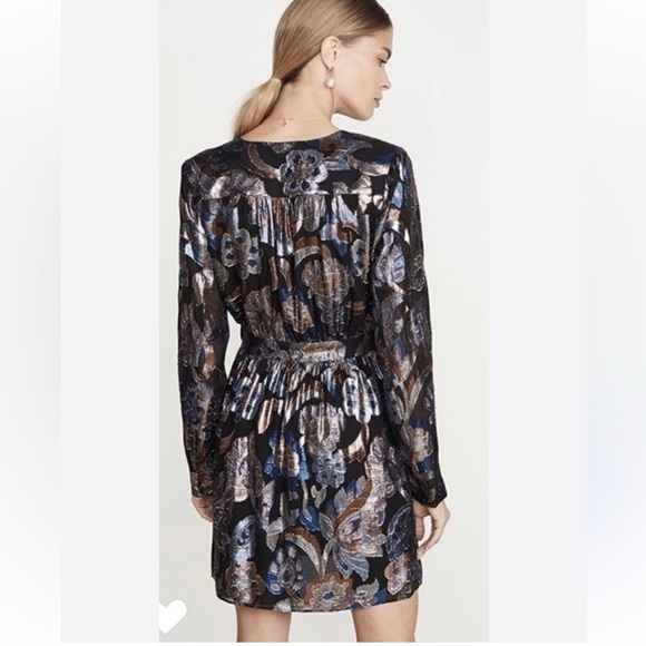 NWOT Gorgeous! Ramy Brook V-neck Wrap Mini Dress Multi Color Metallic on Black - Picture 3 of 14